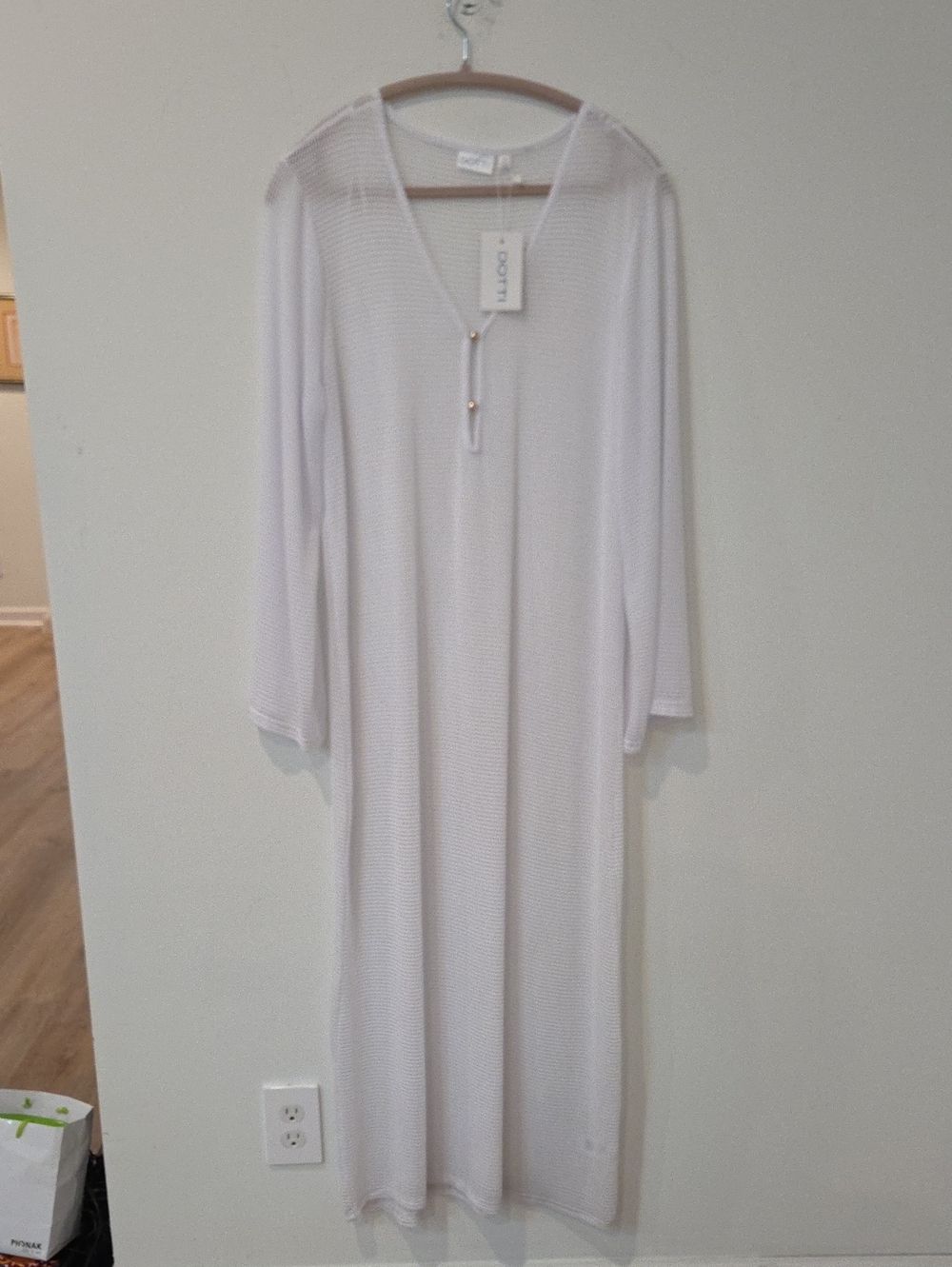 Dotti White Long Sleeve Maxi Coverup with V-Neck & Gold Details